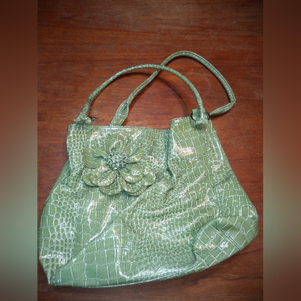 Green Purse, No Label, Faux Crocodile or Alligator Leather, Satchel Shou… - Picture 3 of 13